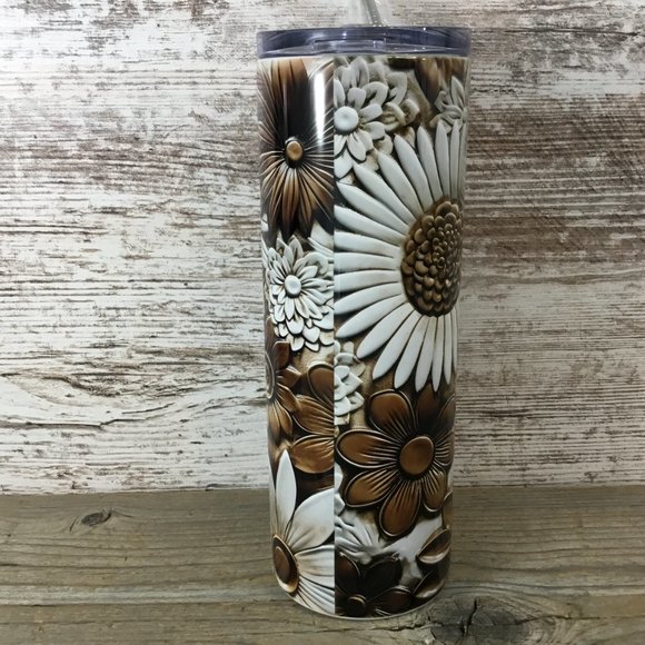 Brown and White Flowers Leather Look Personalized 20 oz Skinny Tumbler - Picture 3 of 6